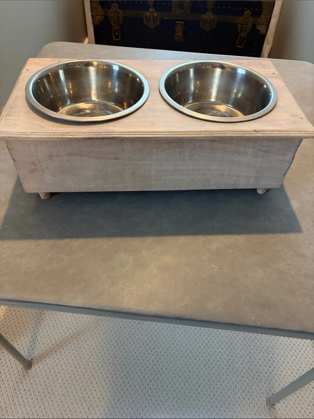 Decorative Double Dog Bowl Stand in Bleached Whitewashed Wood
